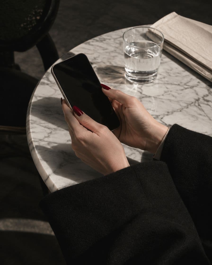 Hands holding a phone at a marble café table